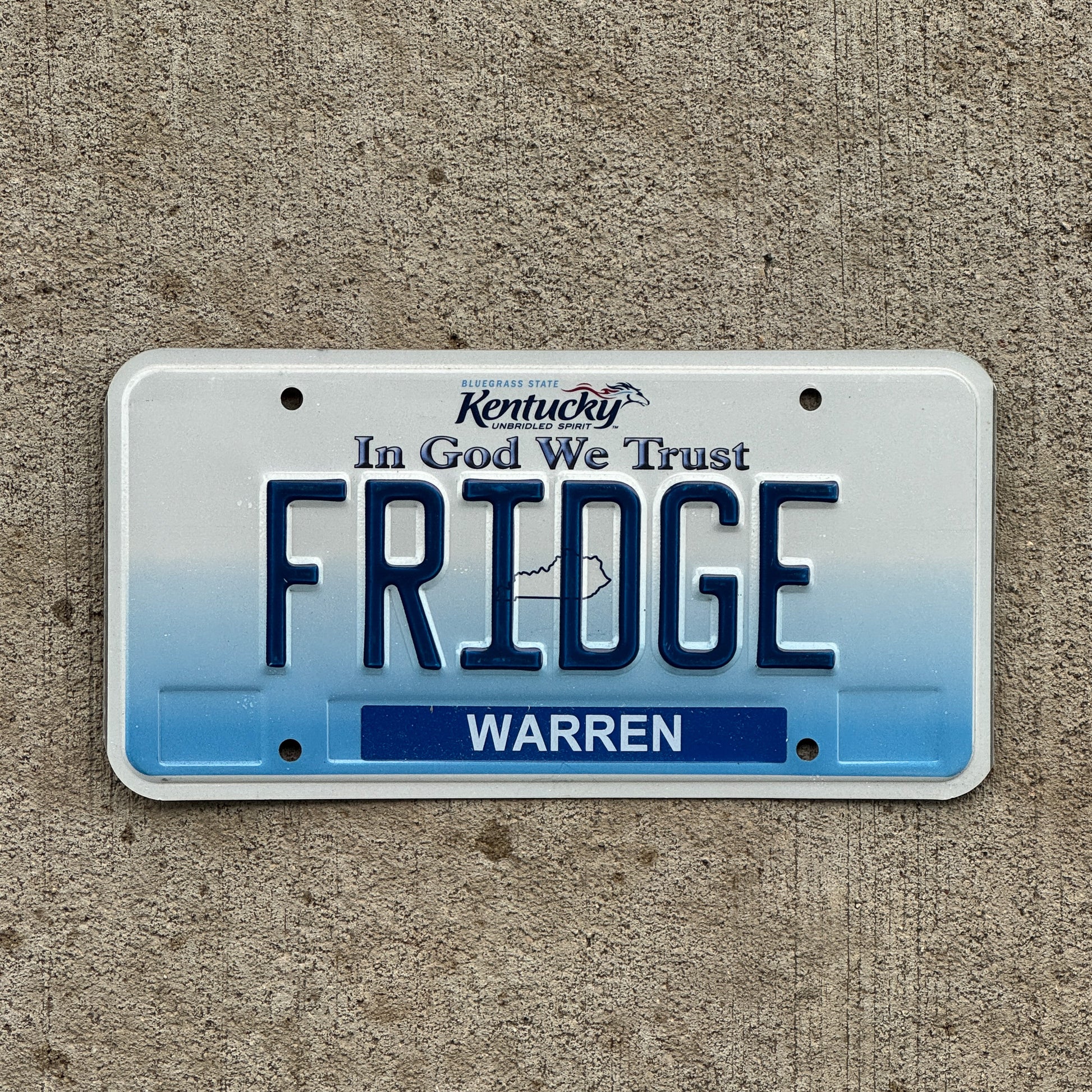Photo of a 2006 Kentucky Vanity License Plate Auto Tag Garage Decor Vintage Refrigerator FRIDGE with original patina