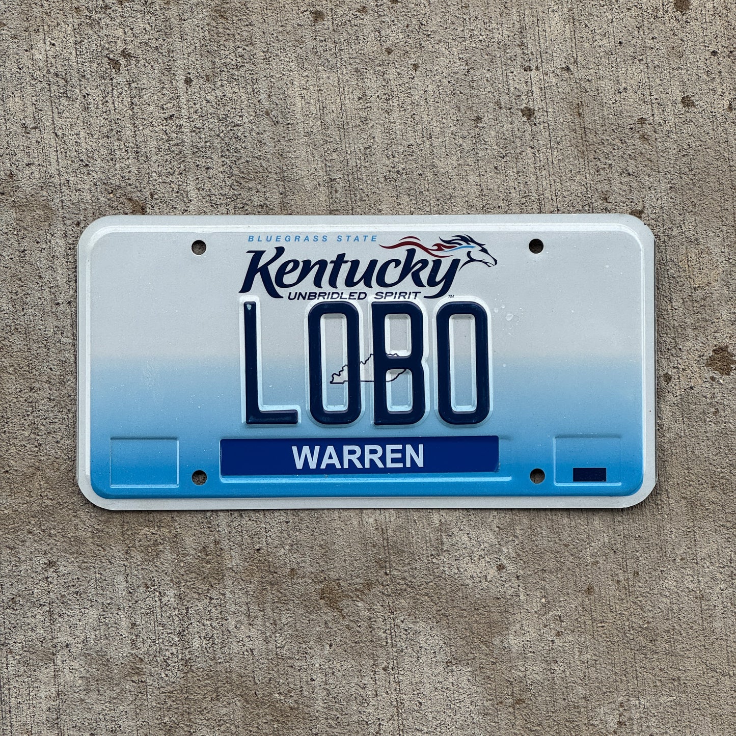 Photo of a 2006 Kentucky Vanity License Plate Auto Tag Garage Decor Vintage Wolf Halloween Decor LOBO with original patina
