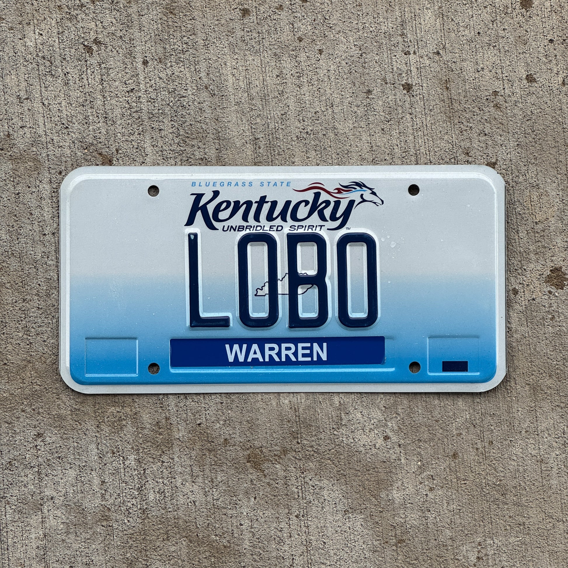 Photo of a 2006 Kentucky Vanity License Plate Auto Tag Garage Decor Vintage Wolf Halloween Decor LOBO with original patina