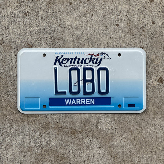 Photo of a 2006 Kentucky Vanity License Plate Auto Tag Garage Decor Vintage Wolf Halloween Decor LOBO with original patina