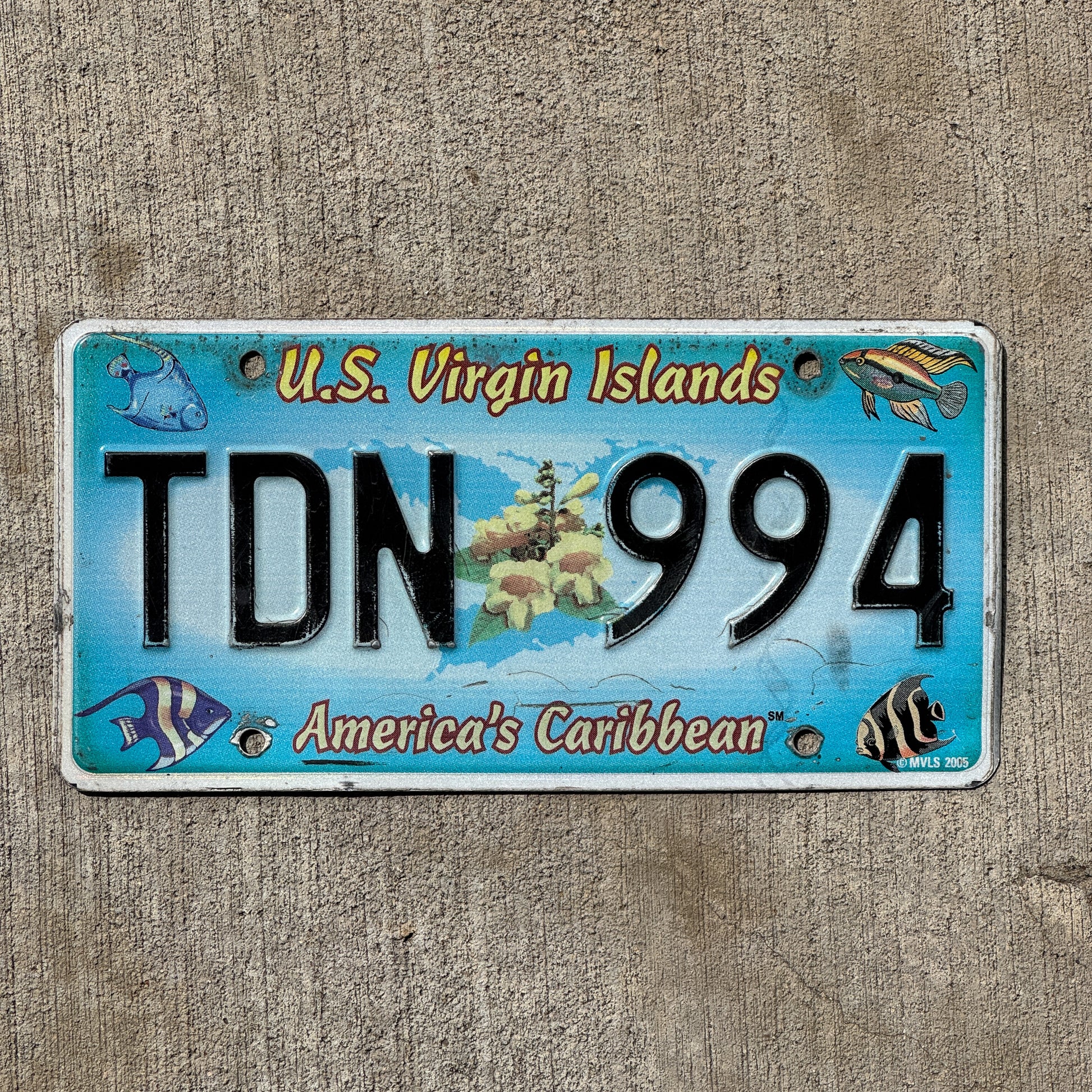 Photo of a 2006 Virgin Islands License Plate Auto Tag Garage Decor Vintage Reef Fish TDN 994 with original patina