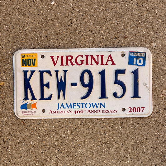 Photo of a 2007 2010 Virginia License Plate Auto Tag 1 Garage Decor Jamestown KEW 9151