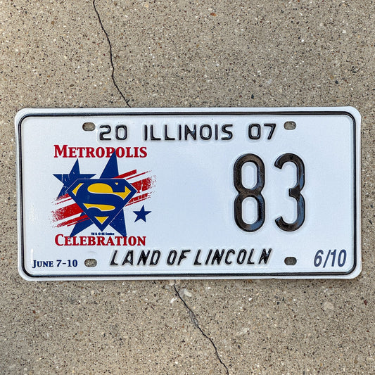 Photo of a 2007 Illinois Event License Plate Auto Tag 1 Garage Decor Metropolis Illinois Superman Comics 83 with original patina