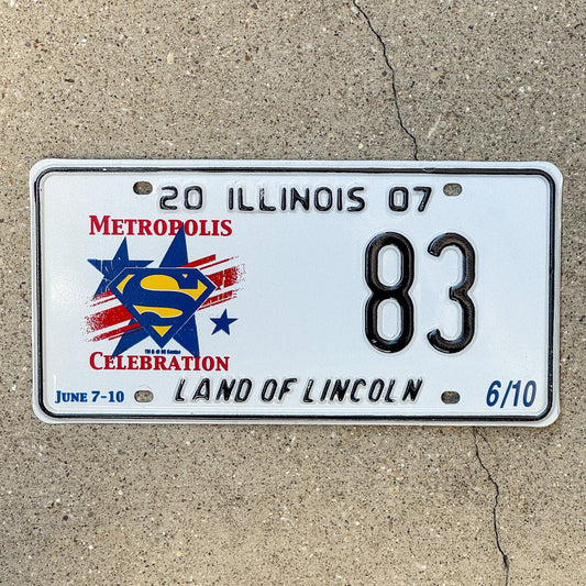 Photo of a 2007 Illinois Event License Plate Auto Tag 2 Garage Decor Metropolis Illinois Superman Comics 83 with original patina