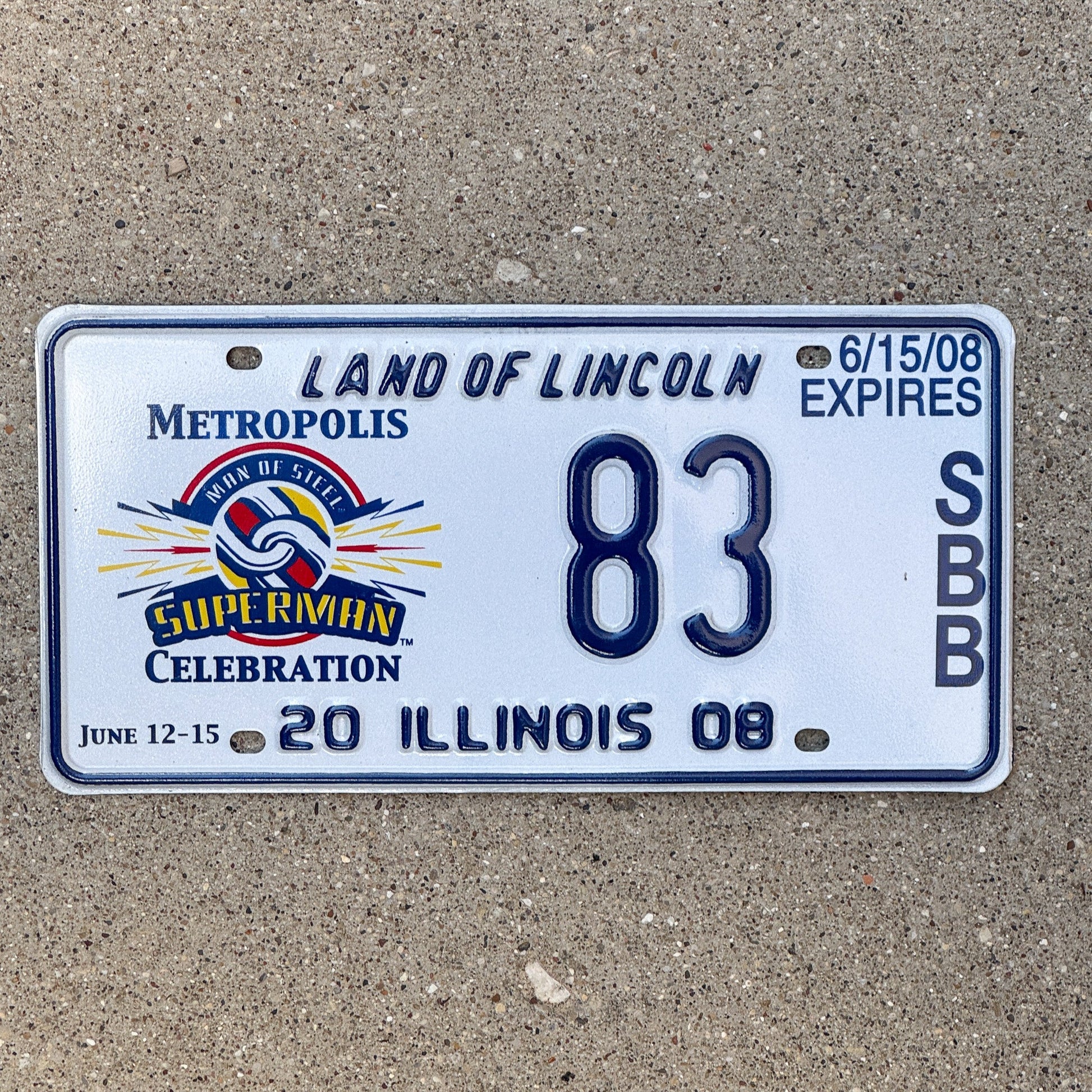 Photo of a 2008 Illinois Event License Plate Auto Tag 1 Garage Decor Metropolis Illinois Superman Comics 83 with original patina