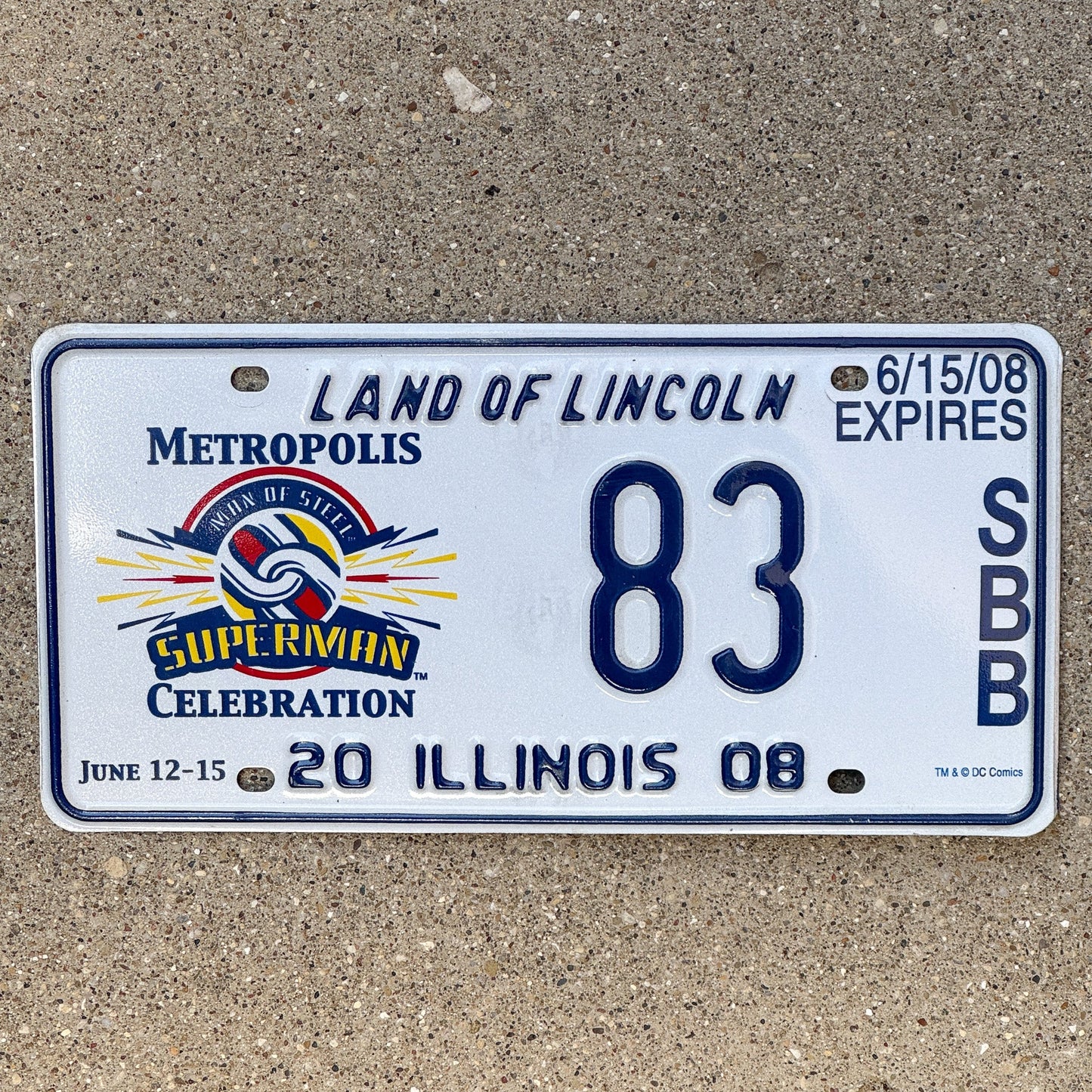 Photo of a 2008 Illinois Event License Plate Auto Tag 2 Garage Decor Metropolis Illinois Superman Comics 83 with original patina