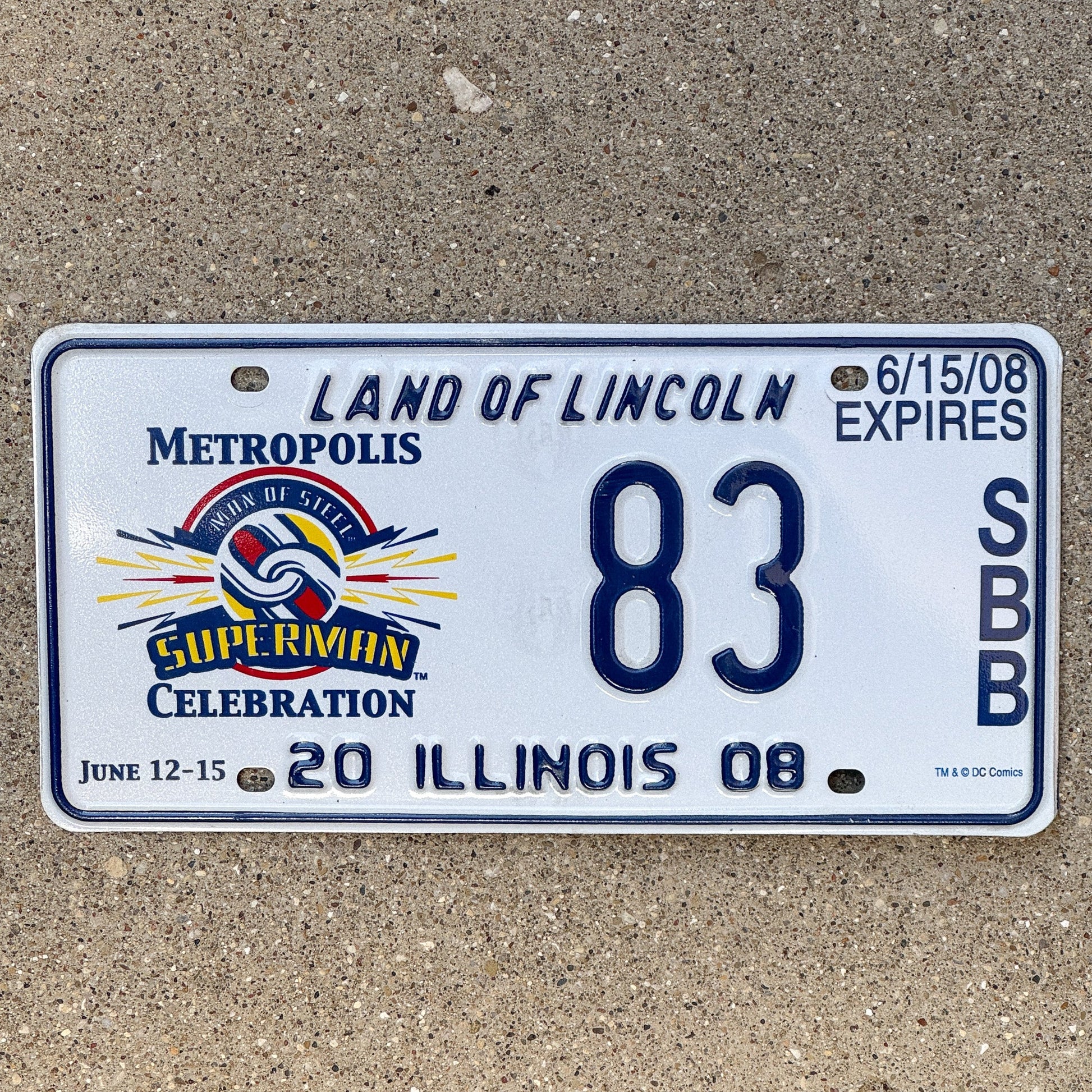 Photo of a 2008 Illinois Event License Plate Auto Tag 2 Garage Decor Metropolis Illinois Superman Comics 83 with original patina