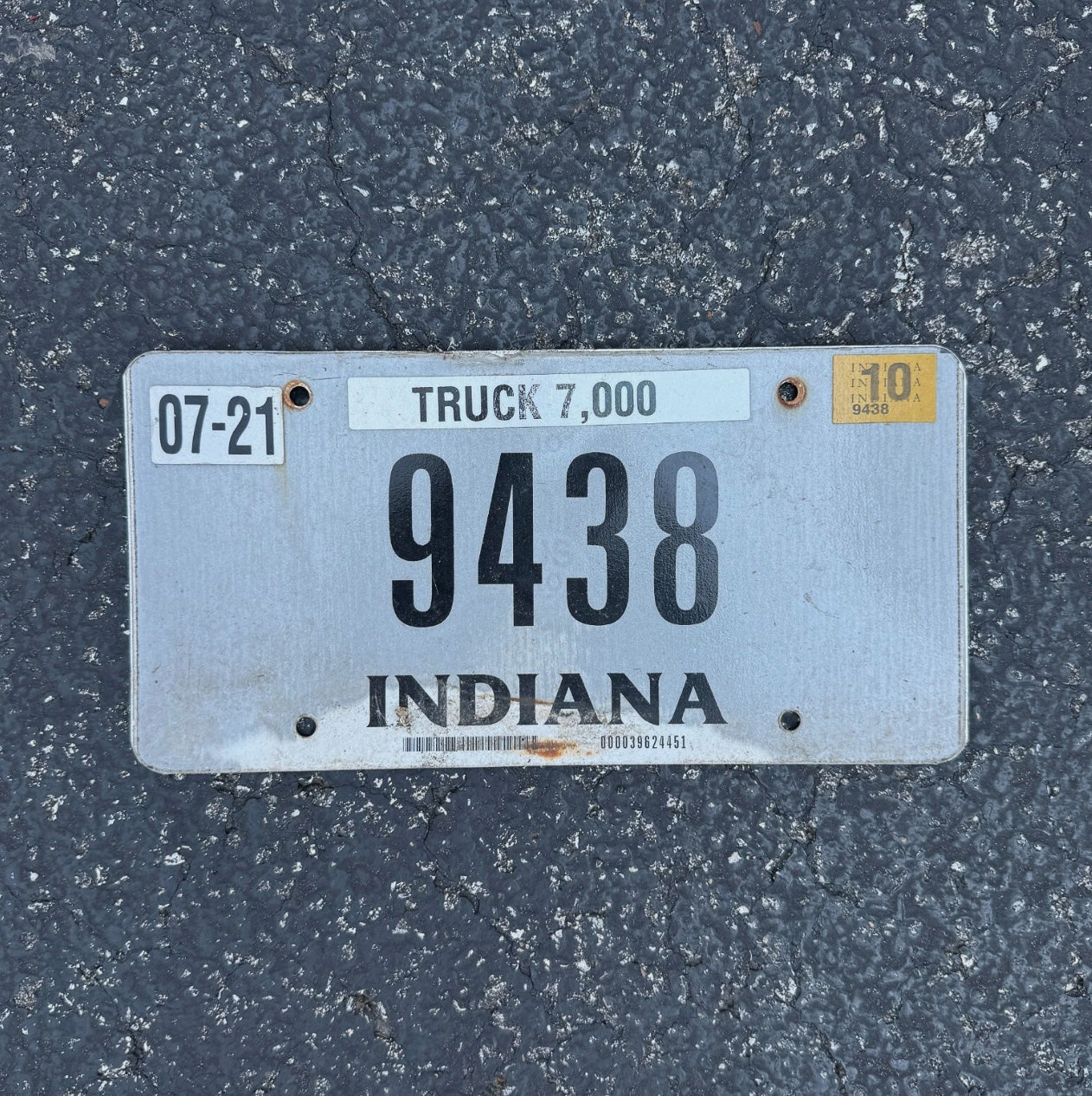 Photo of a 2008 Indiana Truck License Plate Auto Tag Garage Decor Vintage Low Number 4 Digit 9438