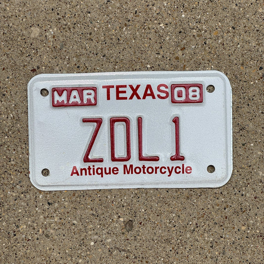 Photo of a 2008 Texas Antique Motorcycle License Plate Auto Tag Garage Decor Vintage ZDL 1