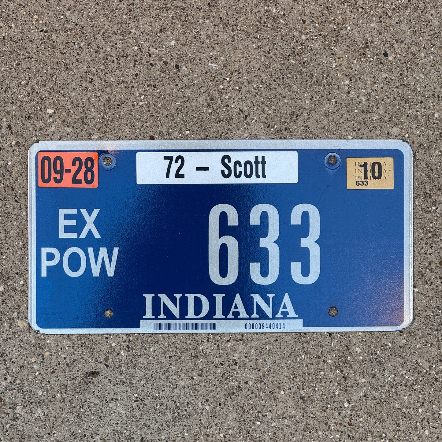 Photo of a 2009 2010 Indiana Ex Prisoner of War License Plate Auto Tag Garage Decor Vintage POW 633 with original patina