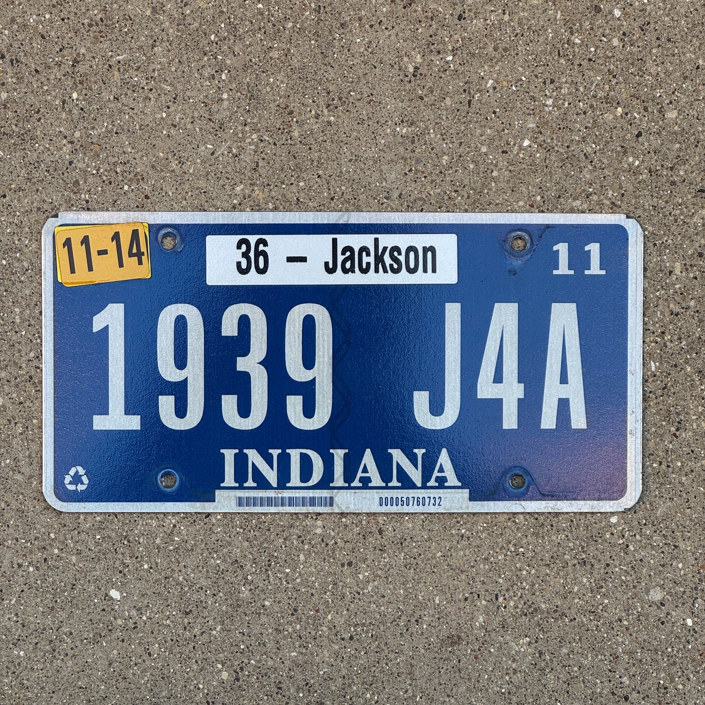 Photo of a 2009 2014 Indiana Vanity License Plate Auto Tag 1 Garage Decor Jackson County 1939 J4A with original patina