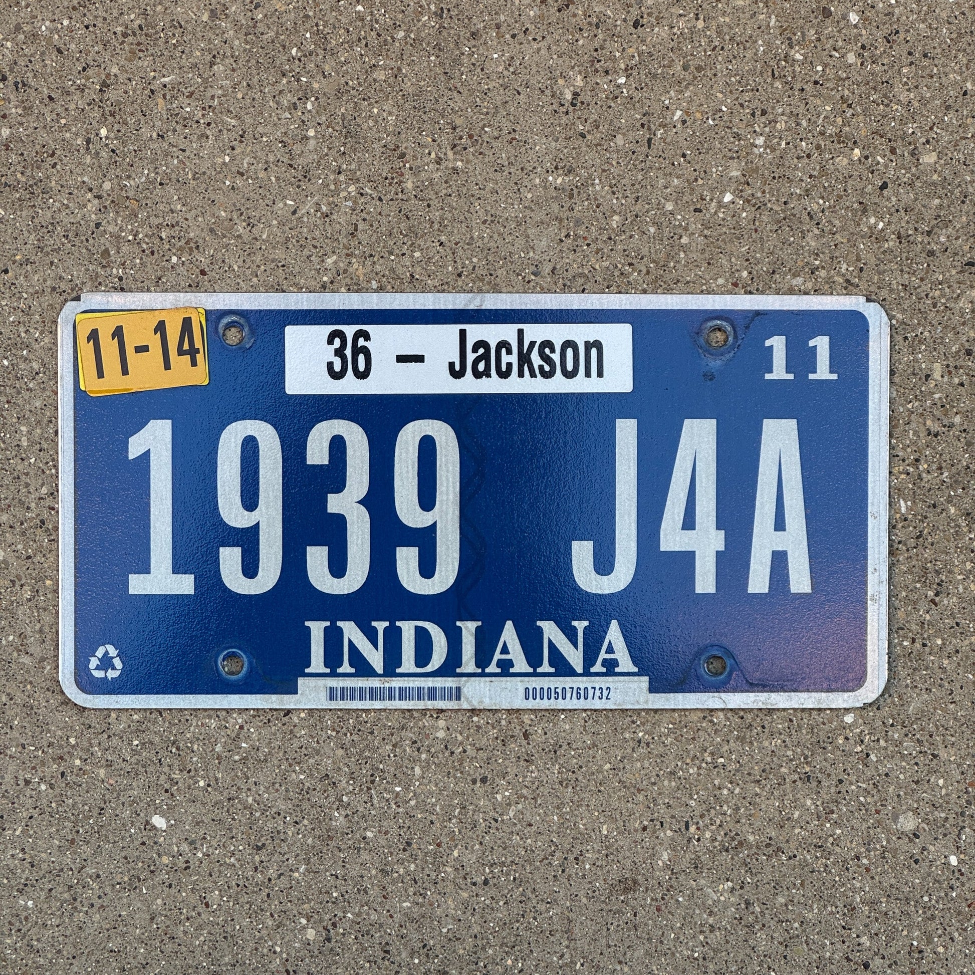 Photo of a 2009 2014 Indiana Vanity License Plate Auto Tag 1 Garage Decor Jackson County 1939 J4A with original patina