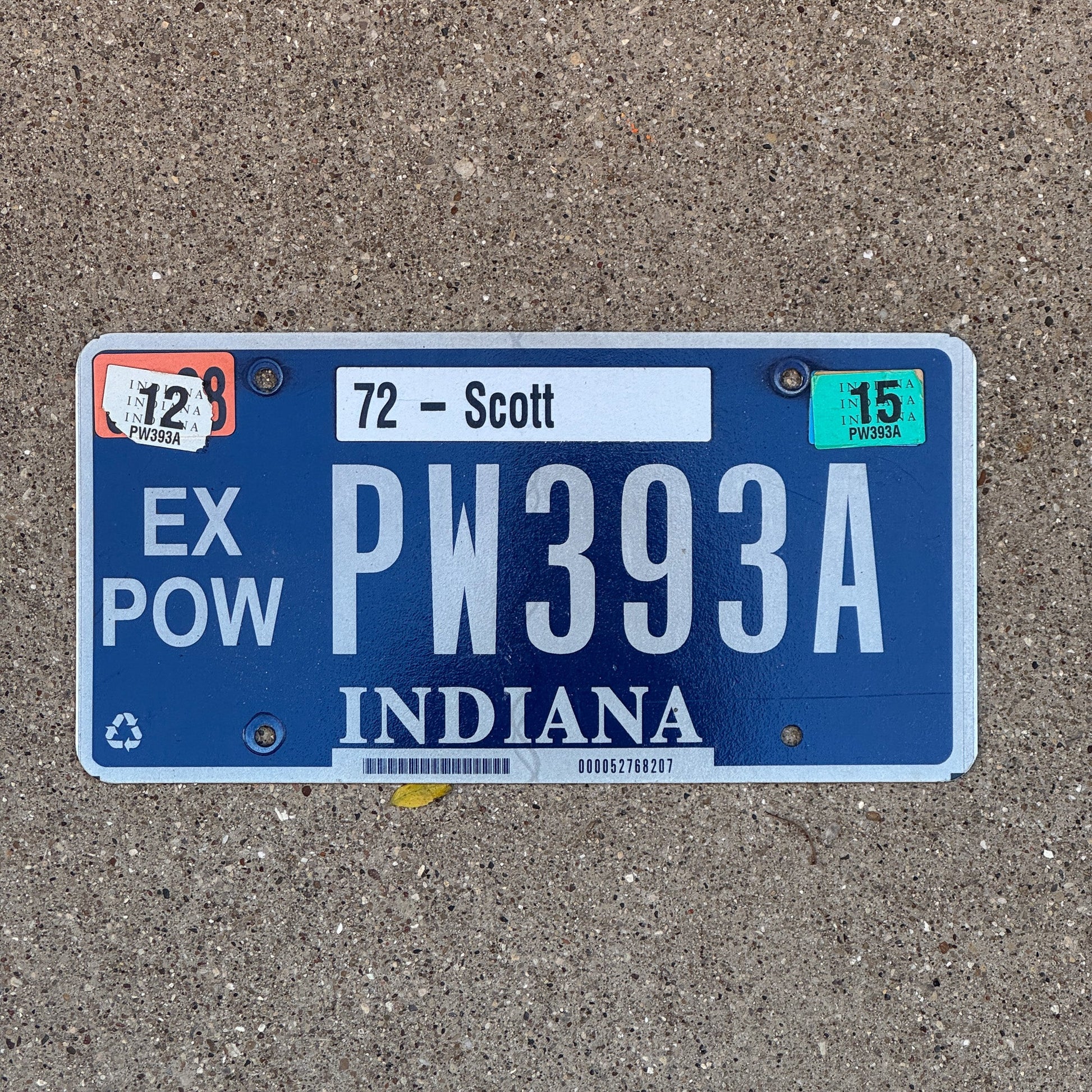 Photo of a 2009 2015 Indiana Ex Prisoner of War License Plate Auto Tag Garage Decor Vintage POW PW 393 A with original patina