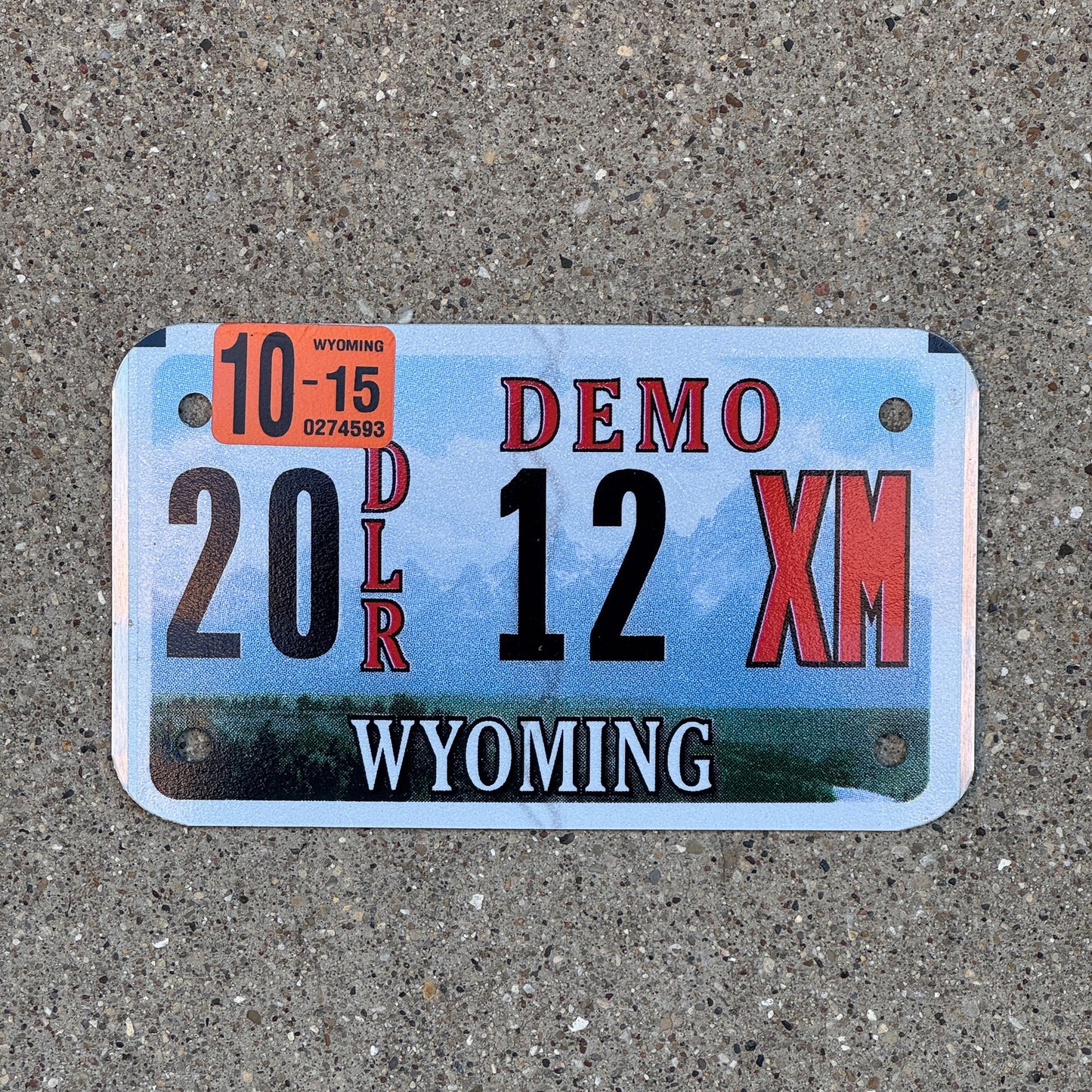 Photo of a 2009 2015 Wyoming Dealer Demonstration License Plate Auto Tag Garage Decor Vintage Demo 20 12 XM with original patina