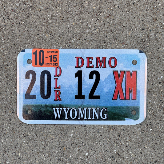 Photo of a 2009 2015 Wyoming Dealer Demonstration License Plate Auto Tag Garage Decor Vintage Demo 20 12 XM with original patina