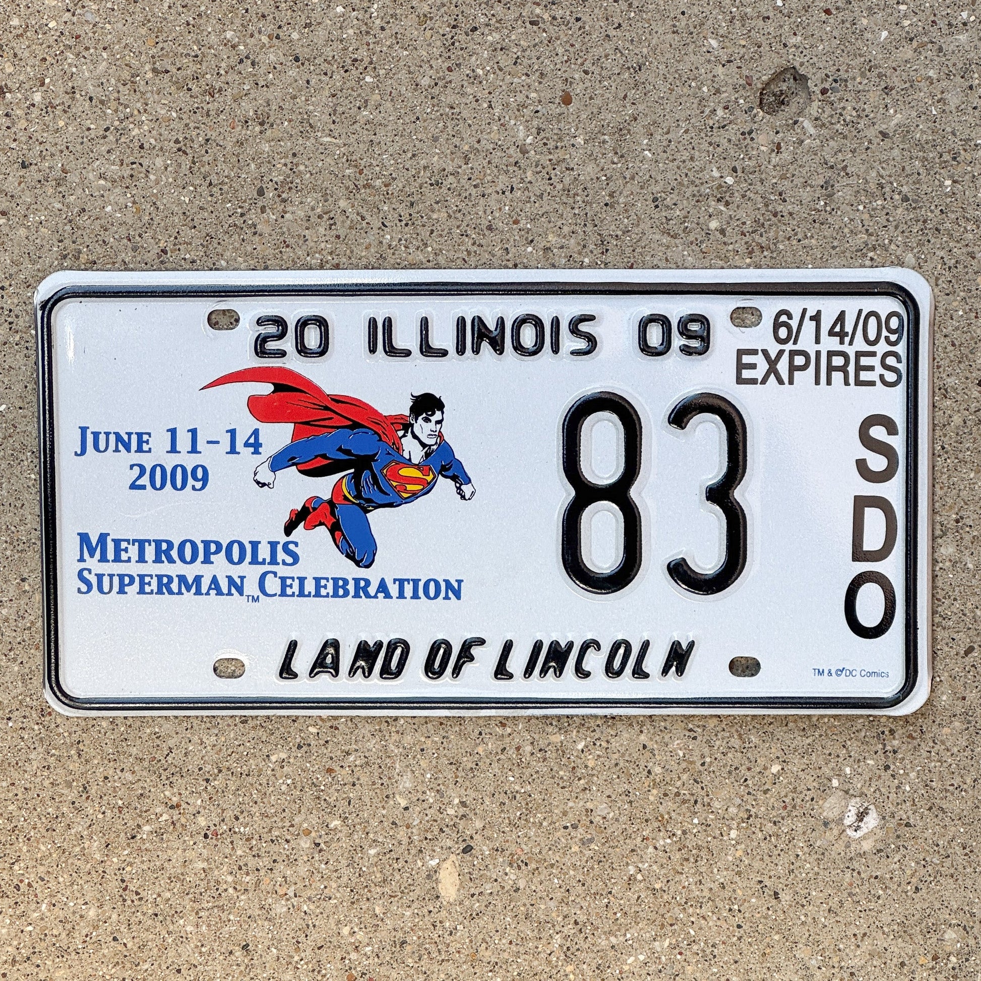 Photo of a 2009 Illinois Event License Plate Auto Tag 1 Garage Decor Metropolis Illinois Superman Comics 83 with original patina
