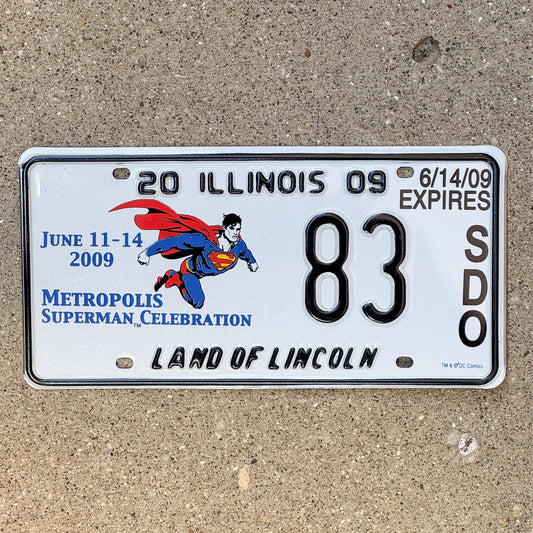 Photo of a 2009 Illinois Event License Plate Auto Tag 1 Garage Decor Metropolis Illinois Superman Comics 83 with original patina