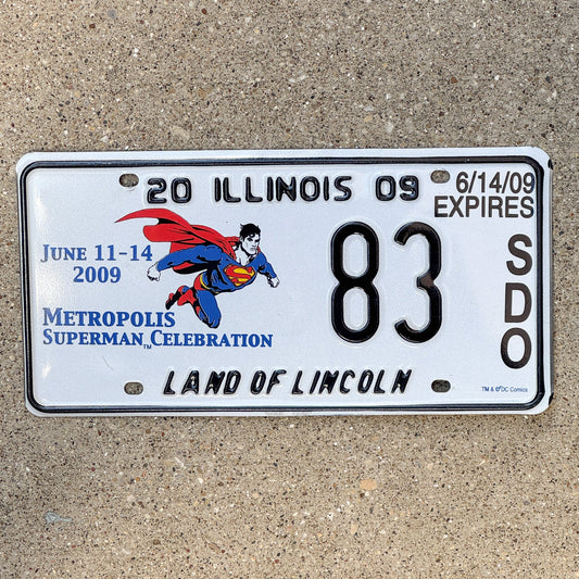 Photo of a 2009 Illinois Event License Plate Auto Tag 2 Garage Decor Metropolis Illinois Superman Comics 83 with original patina