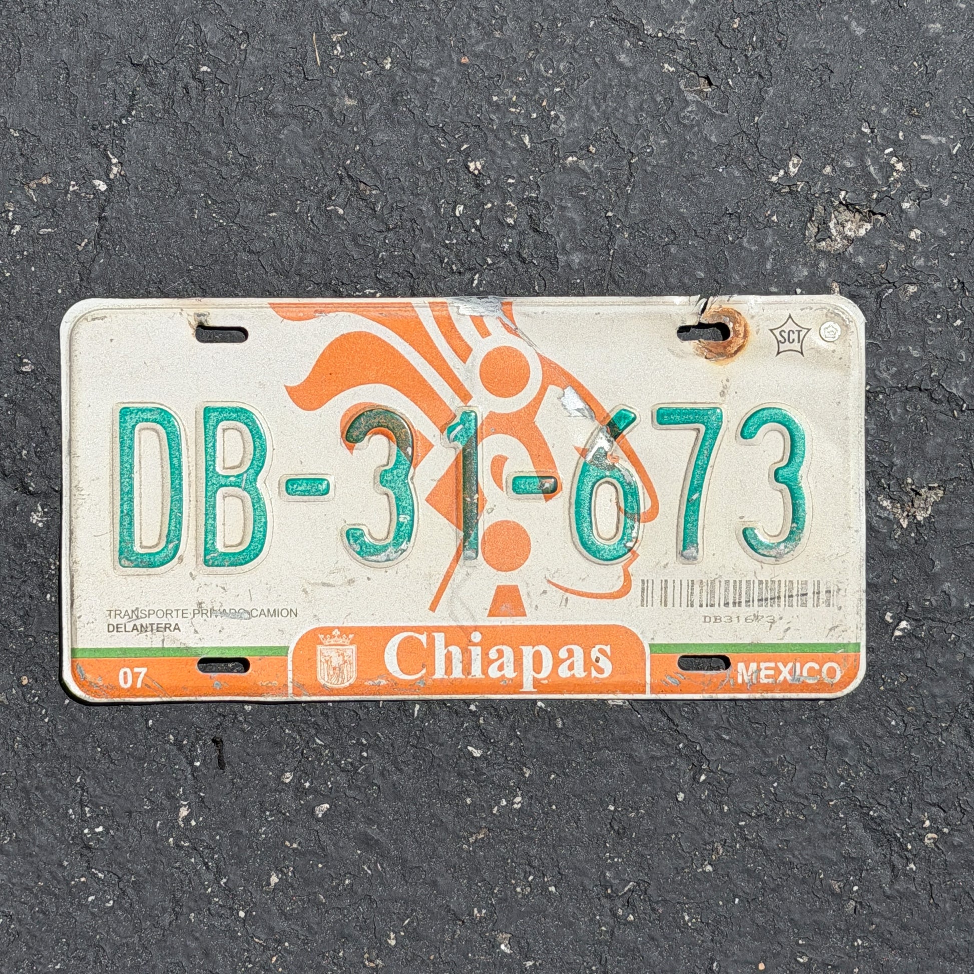Photo of a 2009 Mexico Truck License Plate Auto Tag Garage Decor Vintage Chiapas DB 31 673 with original patina