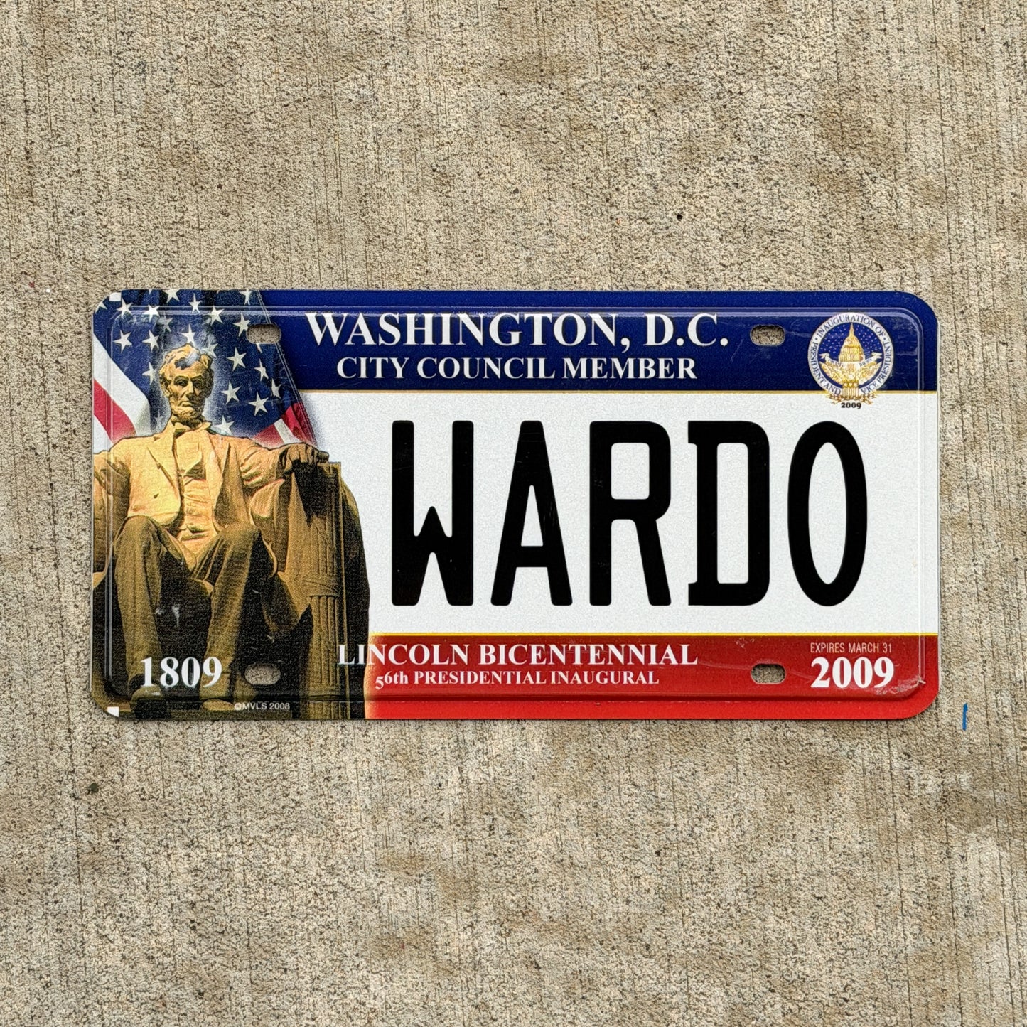 Photo of a 2009 Washington DC Inaugural City Council Member License Plate Auto Tag Garage Decor Vintage Obama Politics Political WARD 0 with original patina