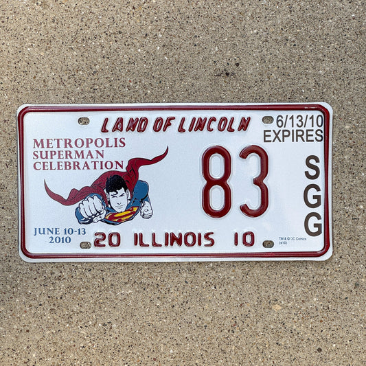 Photo of a 2010 Illinois Event License Plate Auto Tag 2 Garage Decor Metropolis Illinois Superman Comics 83 with original patina