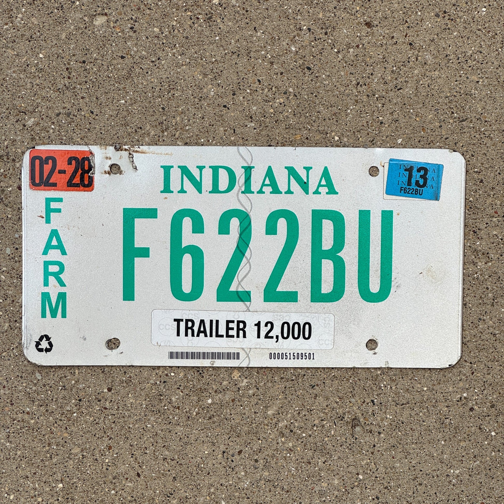 Photo of a 2011 2013 Indiana Farm Trailer License Plate Auto Tag Garage Decor Vintage F 622 BU with original patina