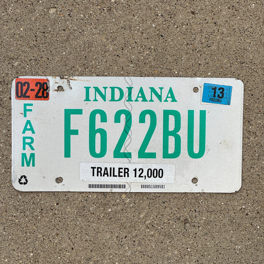 Photo of a 2011 2013 Indiana Farm Trailer License Plate Auto Tag Garage Decor Vintage F 622 BU with original patina