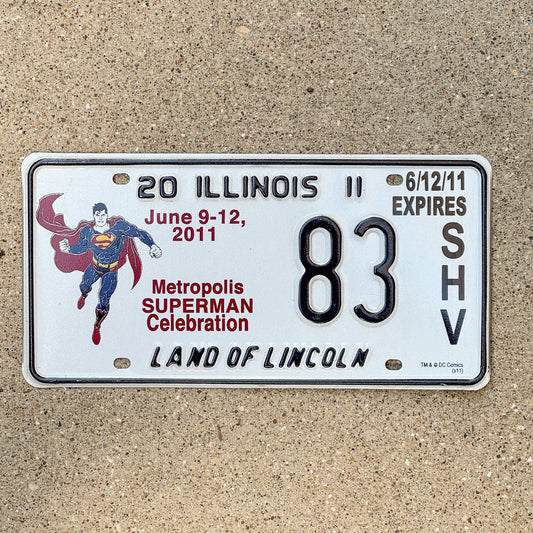 Photo of a 2011 Illinois Event License Plate Auto Tag 1 Garage Decor Metropolis Illinois Superman Comics 83 with original patina
