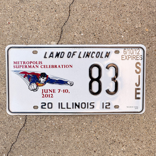 Photo of a 2012 Illinois Event License Plate Auto Tag 1 Garage Decor Metropolis Illinois Superman Comics 83 with original patina