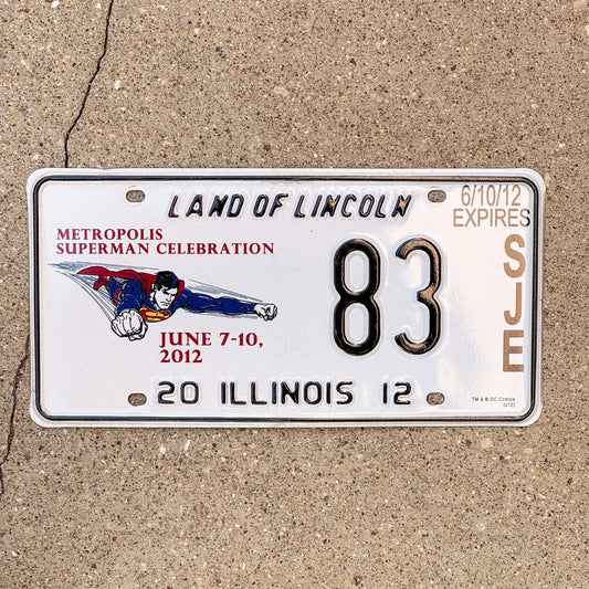 Photo of a 2012 Illinois Event License Plate Auto Tag 2 Garage Decor Metropolis Illinois Superman Comics 83 with original patina