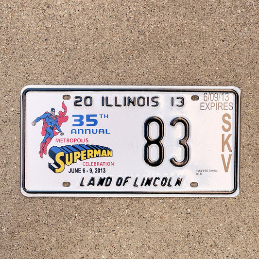 Photo of a 2013 Illinois Event License Plate Auto Tag 2 Garage Decor Metropolis Illinois Superman Comics 83 with original patina