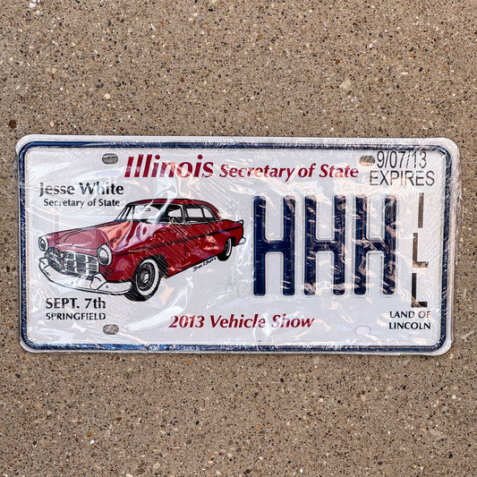 Photo of a 2013 Illinois Event License Plate Pair Auto Tag Garage Decor Vintage Repeat Repeating HHH with original patina