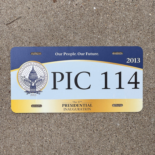 Photo of a 2013 Washington DC Presidential Inaugural Committee License Plate Auto Tag Garage Decor Vintage Obama Inauguration Official Vehicle Politics Political PIC 114 with original patina