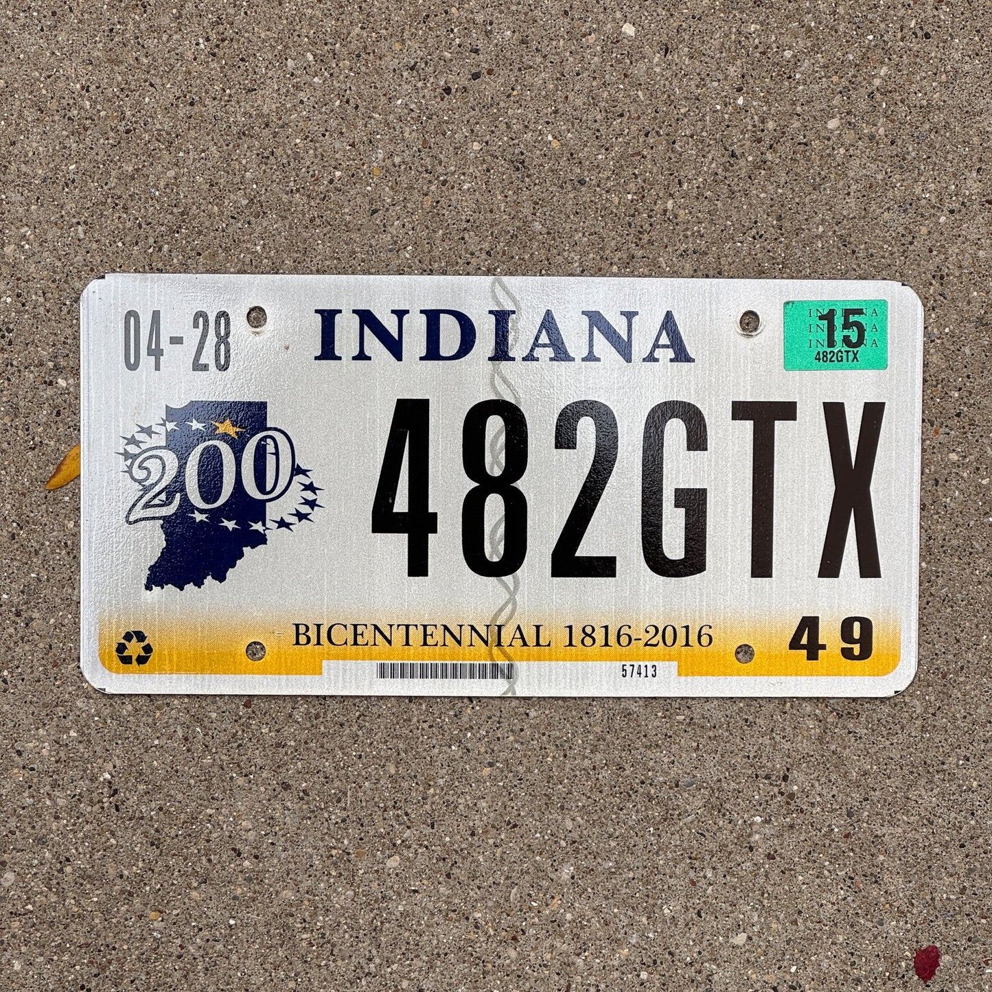 Photo of a 2014 2015 Indiana License Plate Auto Tag Garage Decor Vintage 482 GTX with original patina