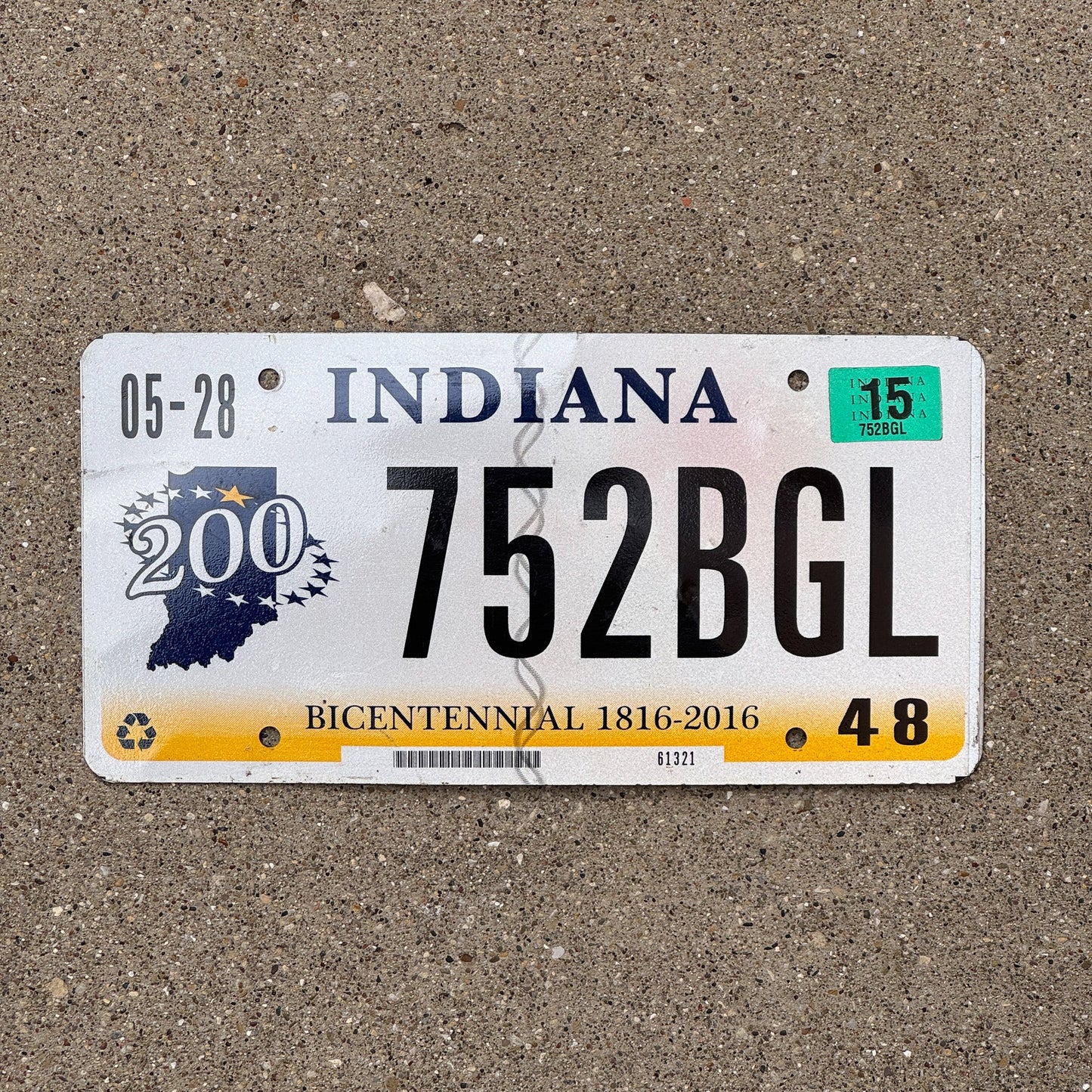 Photo of a 2014 2015 Indiana License Plate Auto Tag Garage Decor Vintage 752 BGL with original patina