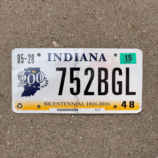 Photo of a 2014 2015 Indiana License Plate Auto Tag Garage Decor Vintage 752 BGL with original patina