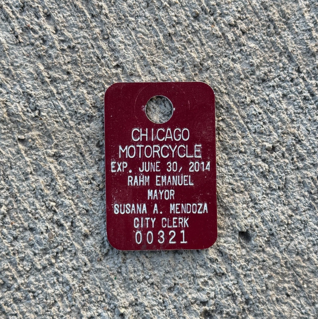 Photo of a 2014 Chicago MOTORCYCLE Tax Tag Disc Disk Medallion Auto Tag Garage Decor Vintage Rahm Emanuel 00321