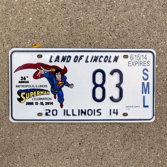 Photo of a 2014 Illinois Event License Plate Auto Tag 1 Garage Decor Metropolis Illinois Superman Comics 83 with original patina