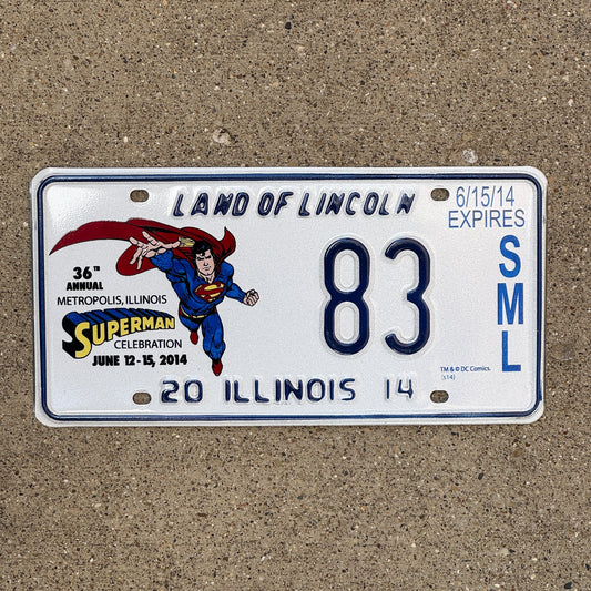 Photo of a 2014 Illinois Event License Plate Auto Tag 2 Garage Decor Metropolis Illinois Superman Comics 83 with original patina