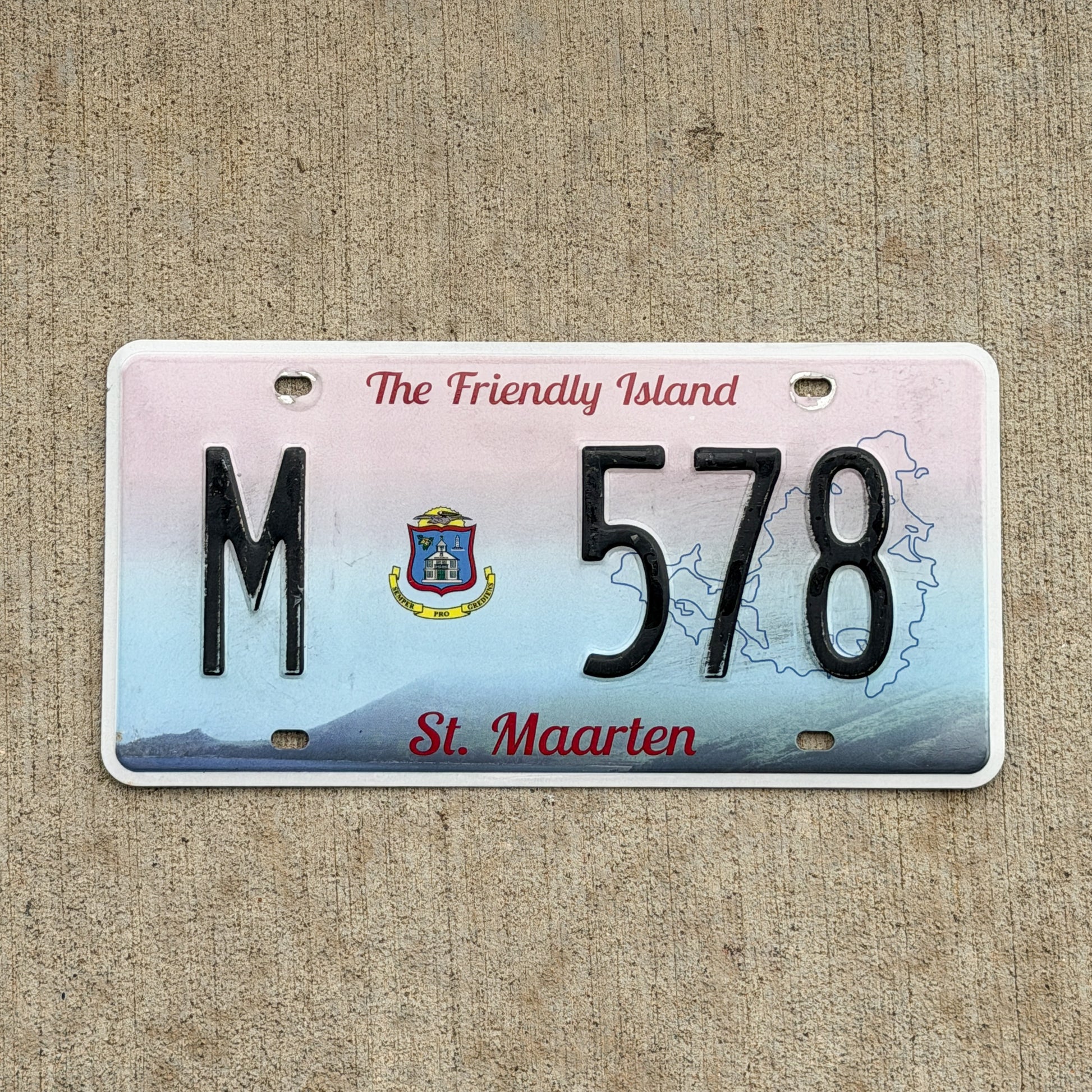 Photo of a 2014 St Maarten License Plate Auto Tag Garage Decor Vintage M 578 with original patina