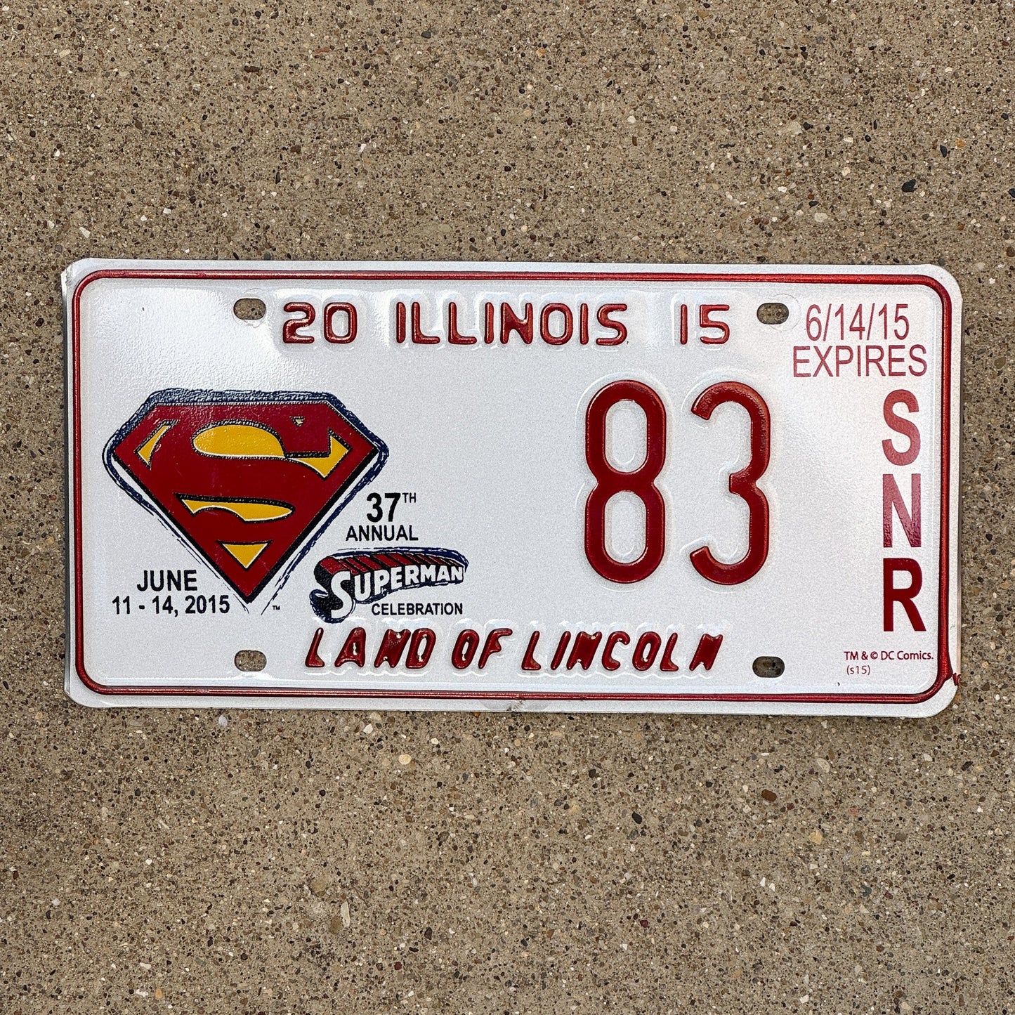 Photo of a 2015 Illinois Event License Plate Auto Tag 1 Garage Decor Metropolis Illinois Superman Comics 83 with original patina