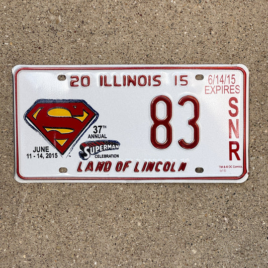 Photo of a 2015 Illinois Event License Plate Auto Tag 2 Garage Decor Metropolis Illinois Superman Comics 83 with original patina