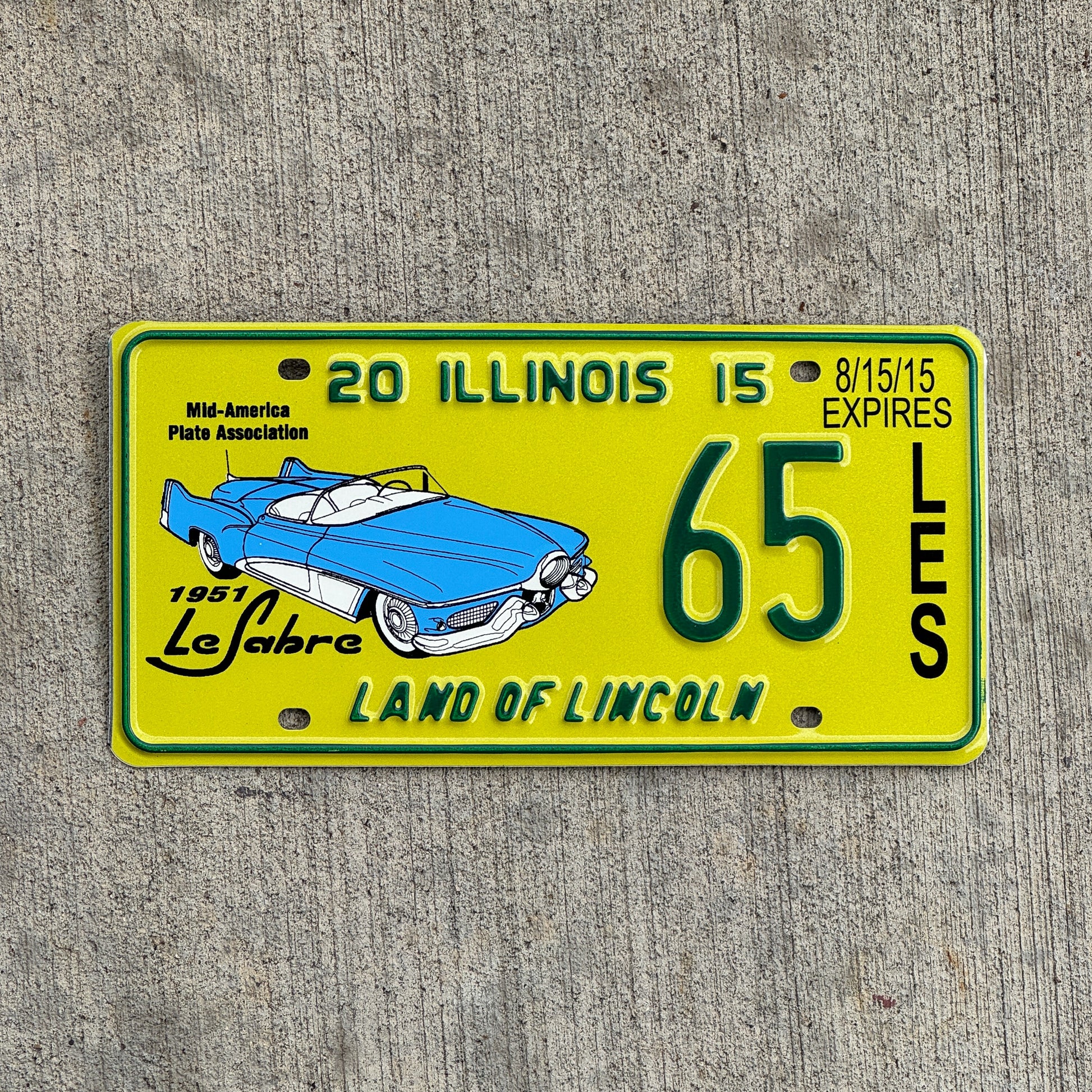 Photo of a 2015 Illinois Event License Plate Auto Tag Garage Decor Vintage Buick Le Sabre MAPA 65 with original patina