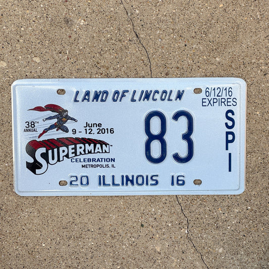 Photo of a 2016 Illinois Event License Plate Auto Tag 2 Garage Decor Metropolis Illinois Superman Comics 83 with original patina