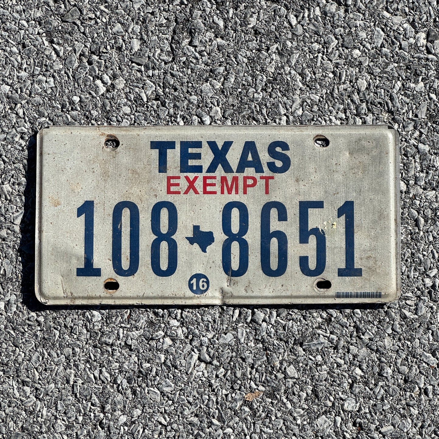 Photo of a 2016 Texas Tax Exempt License Plate Auto Tag 1 Garage Decor 108 8651