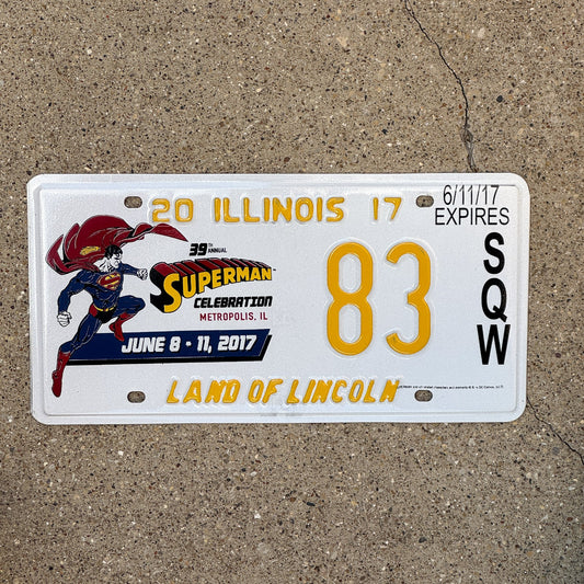 Photo of a 2017 Illinois Event License Plate Auto Tag 1 Garage Decor Metropolis Illinois Superman Comics 83 with original patina