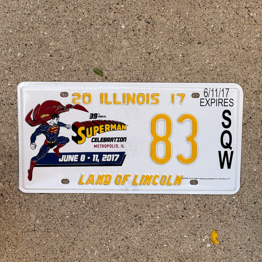 Photo of a 2017 Illinois Event License Plate Auto Tag 2 Garage Decor Metropolis Illinois Superman Comics 83 with original patina