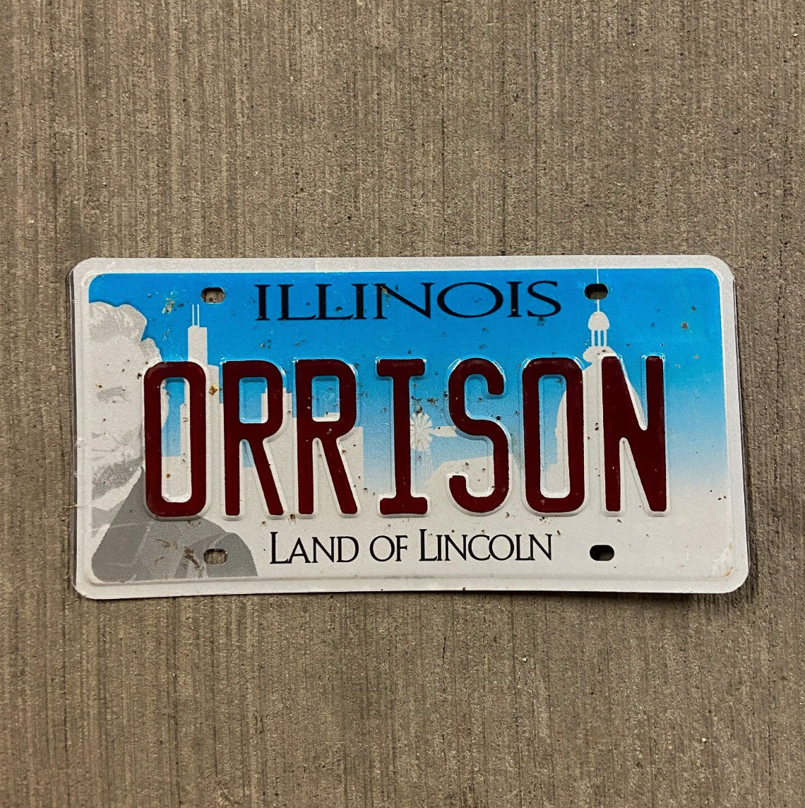 Photo of a 2017 Illinois Vanity License Plate Auto Tag 1 Garage Decor Name ORRISON