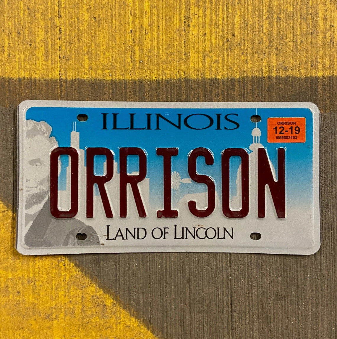 Photo of a 2017 Illinois Vanity License Plate Auto Tag 2 Garage Decor Name ORRISON
