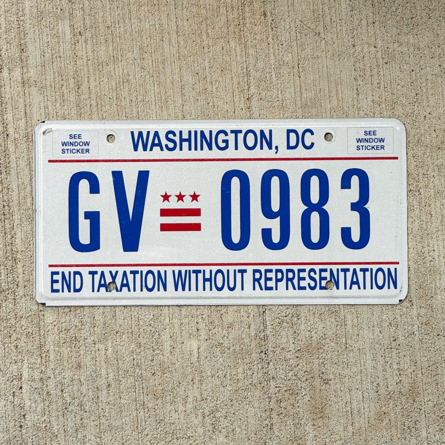 Photo of a 2017 Washington DC License Plate Auto Tag 2 Vintage Garage End Taxation Without Representation GV 0983 with original patina